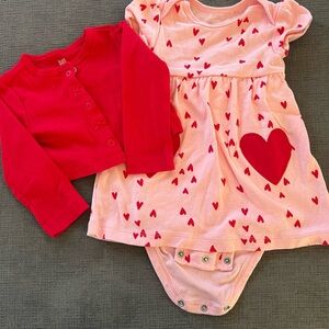 Pink and Red Heart Print Kids Dress with Cardigan